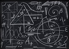 blackboard with meaningless equations and algorithms