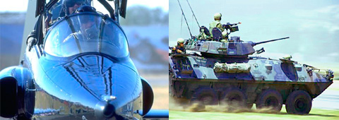 photo montage, jet on runway and army tank in motion